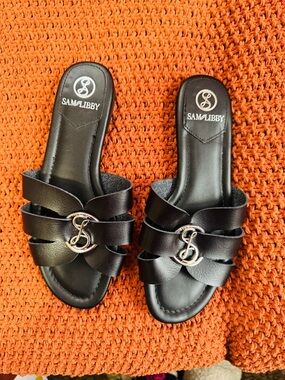 Sam & Libby Black Slide Sandals with Silver Logo Accent